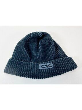 CK Ribbed Knit Beanie Hat Black Gray Folded Cuff Warm